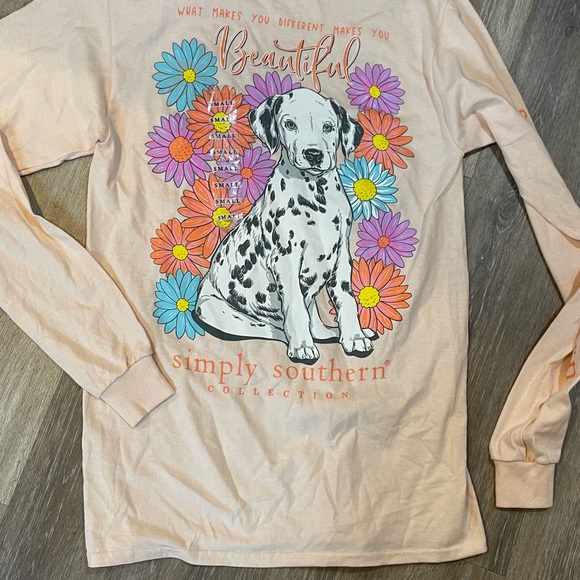 Simply Southern Kids' Peach Long Sleeve Tee with Dalmatian and Flowers - Picture 1 of 3